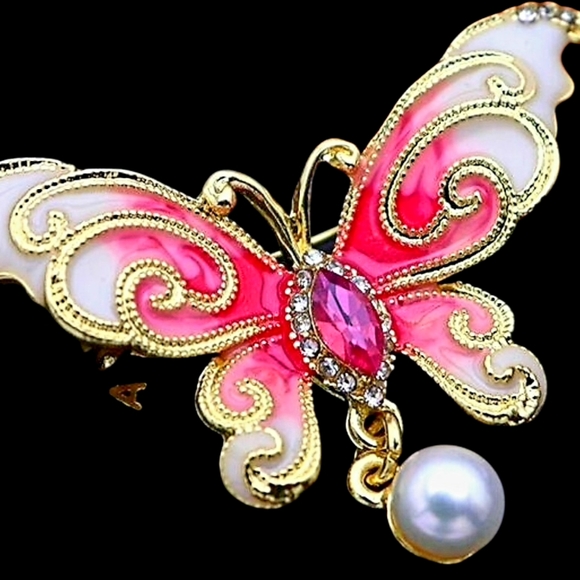 Gold plated pink and white crystal pearl butterfly necklace/brooch - Picture 7 of 12